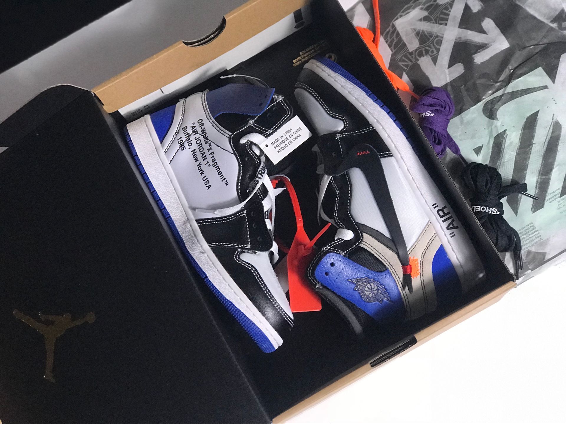 OFF-WHITE x Air Jordan 1 White Black Blue Shoes - Click Image to Close